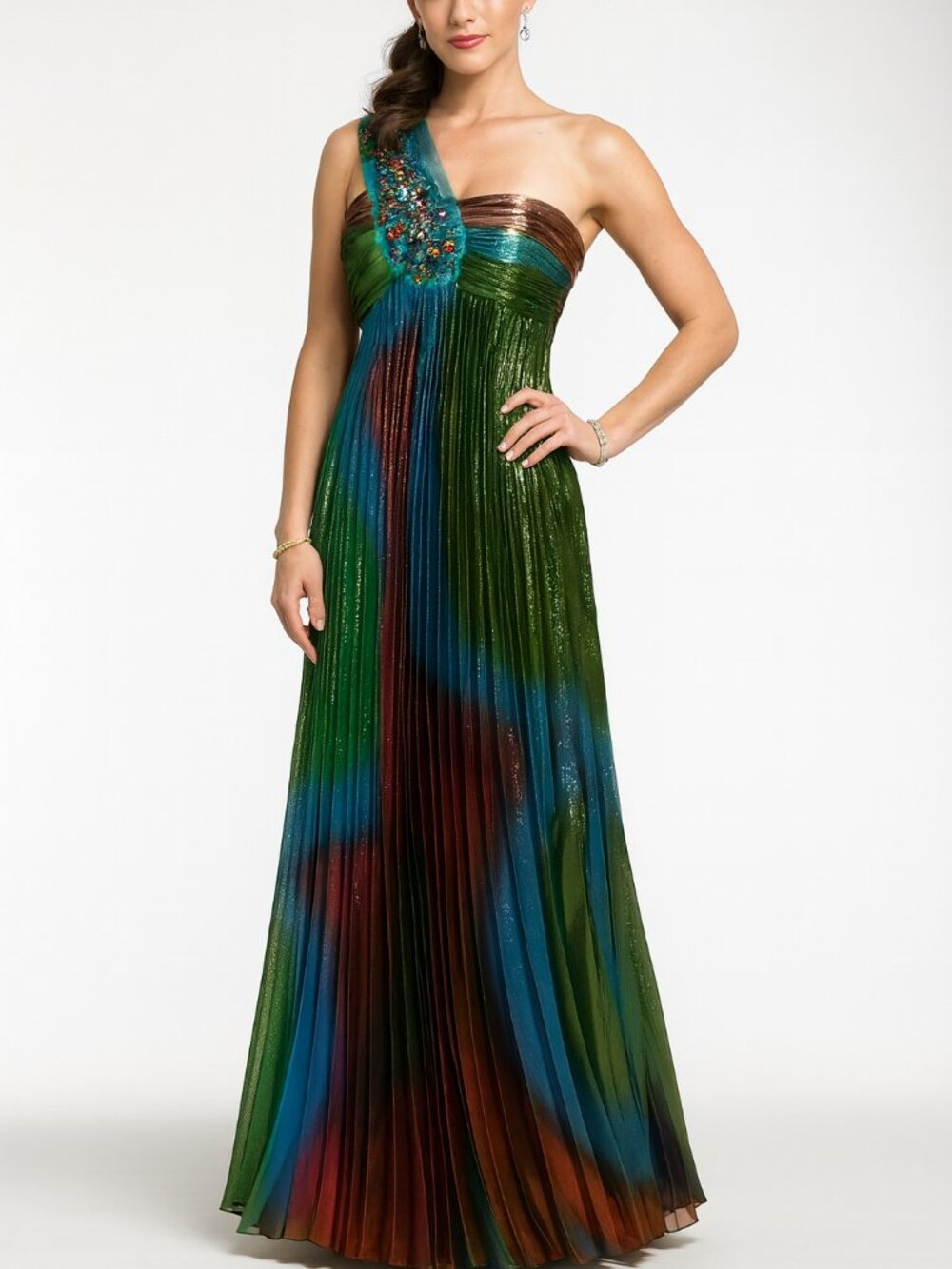 NWT Jovani Dark Green/Multi Pleated Evening Dress, 100% silk